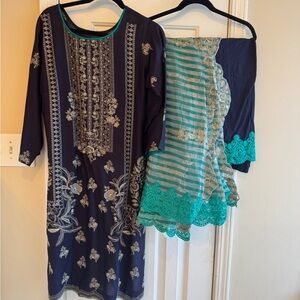 Navy and Teal Embroidered Dress Set